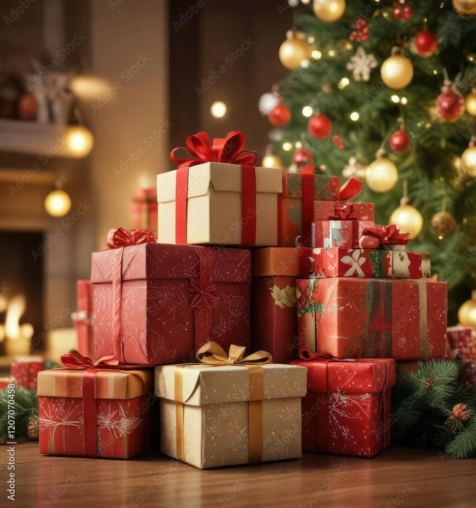 A stack of Christmas gift boxes with a warm and cozy holiday background, holiday, winter wonderland, xmas gifts A stack of Christmas gift boxes with a warm and cozy holiday background, holiday, winter wonderland, xmas gifts