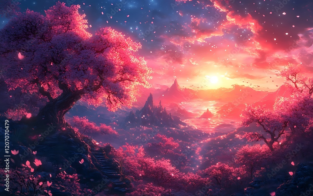 Fantasy Pink Blossom Trees Sunset Landscape Fantasy Pink Blossom Trees Sunset Landscape