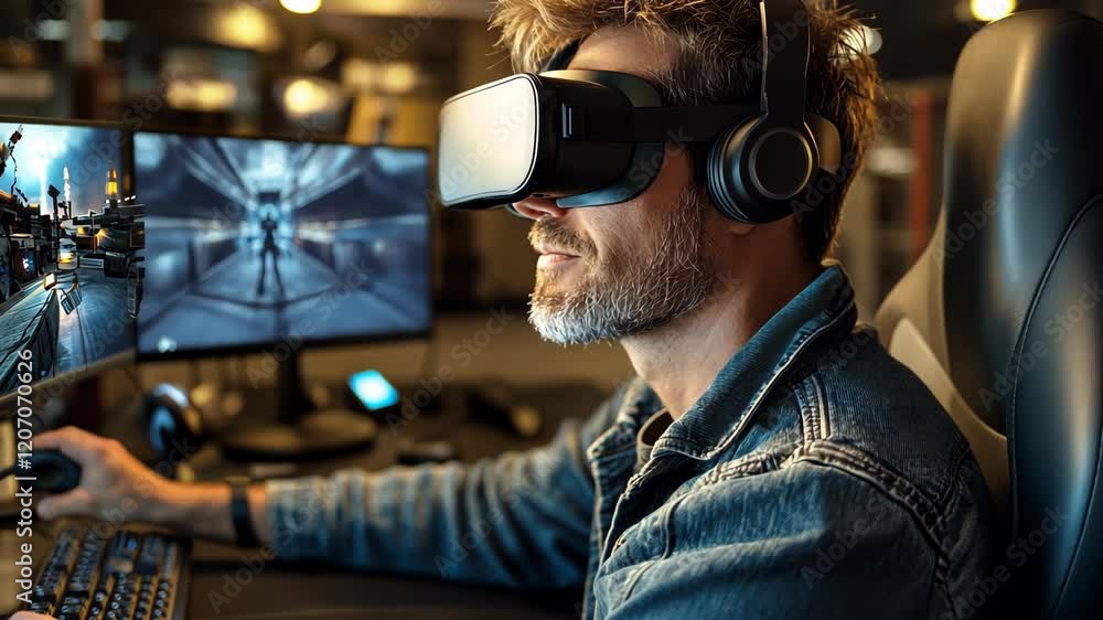 Engaging in virtual reality gaming while wearing a headset in a modern gaming room Engaging in virtual reality gaming while wearing a headset in a modern gaming room