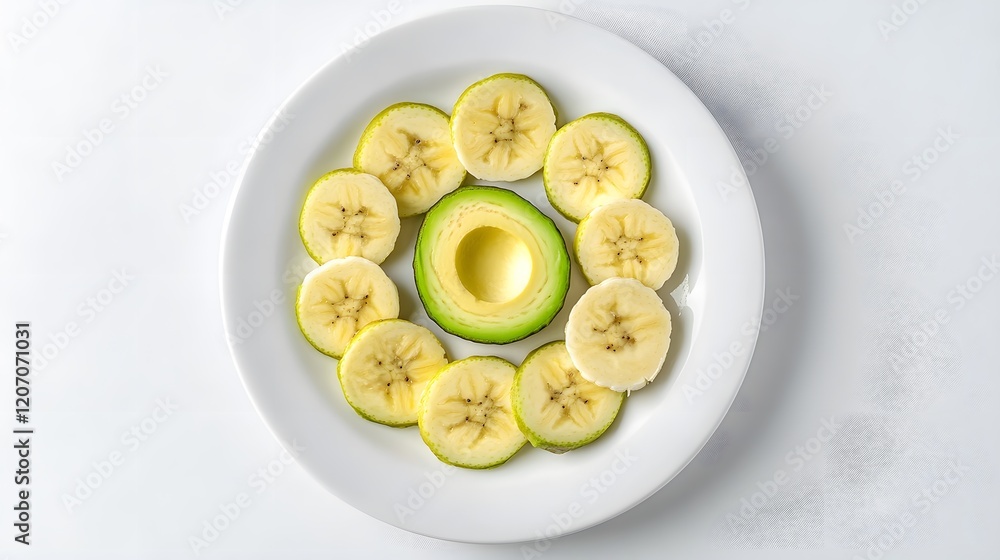 Sliced avocado and banana rounds arranged in a symmetrical pattern on a white plate.