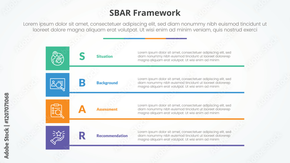 SBAR tool framework infographic concept for slide presentation with boxed creative rectangle stack with 4 point list with flat style SBAR tool framework infographic concept for slide presentation with boxed creative rectangle stack with 4 point list with flat style