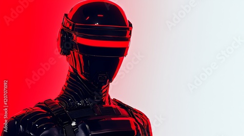 A sleek, futuristic robotic figure stands against a gradient background of red and white, embodying a modern sci-fi aesthetic. photo