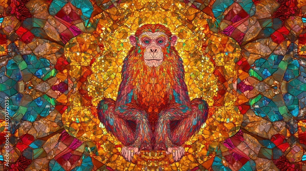 Fototapeta premium A monkey is sitting in the center of a colorful mosaic
