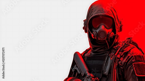 A masked soldier in tactical gear stands ready, set against a dramatic red and white background, evoking themes of protection and intensity. photo