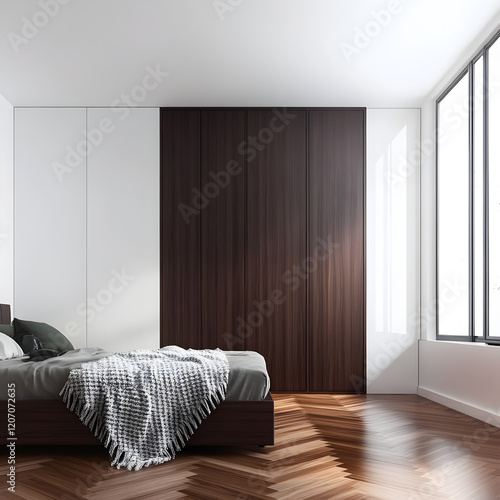 In a Japand master bedroom, a minimalist dark wood bedroom is highlighted with white and beige tones, focusing on the master bed with blankets, parquet flooring, and a window fitted with photo