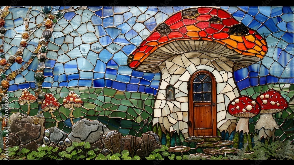 Obraz premium Stained glass window Mosaic mushroom on the wall of a house in the garden.