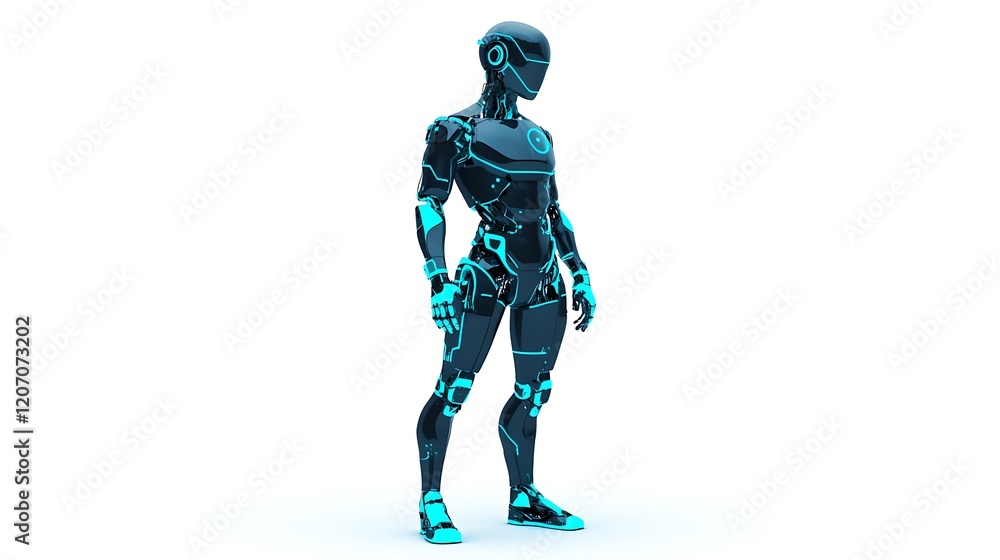 A futuristic humanoid robot stands in a sleek, black and blue design, showcasing advanced technology and a modern aesthetic. A futuristic humanoid robot stands in a sleek, black and blue design, showcasing advanced technology and a modern aesthetic.