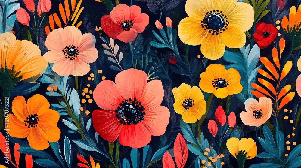 Whimsical abstract patterns with floral-inspired details and radiant color palettes Whimsical abstract patterns with floral-inspired details and radiant color palettes