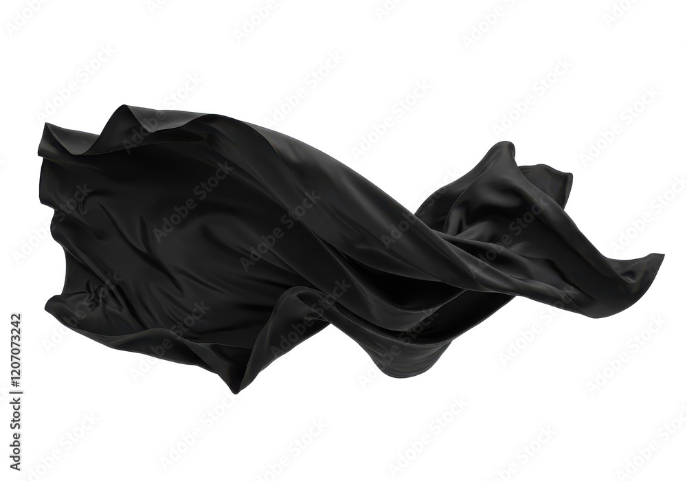 Piece of black fabric mid-air with a flowing shape isolated on white background Piece of black fabric mid-air with a flowing shape isolated on white background