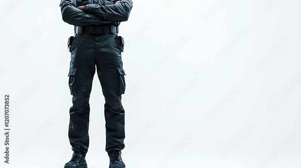 A uniformed security officer stands confidently with arms crossed against a neutral background. A uniformed security officer stands confidently with arms crossed against a neutral background.