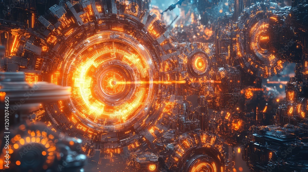 Obraz premium Visualization of interconnected automation systems with glowing gears and dynamic data streams in a futuristic setting