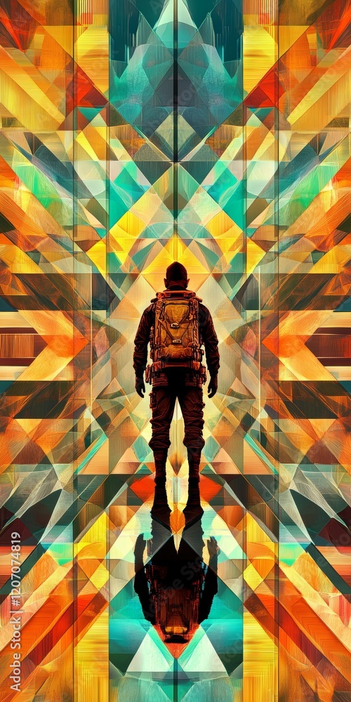Fototapeta premium A man is standing in a colorful room with a backpack on
