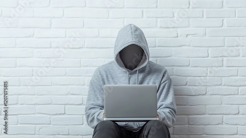 A faceless figure in a hoodie sits with a laptop against a white brick wall, evoking themes of anonymity and digital interaction. photo