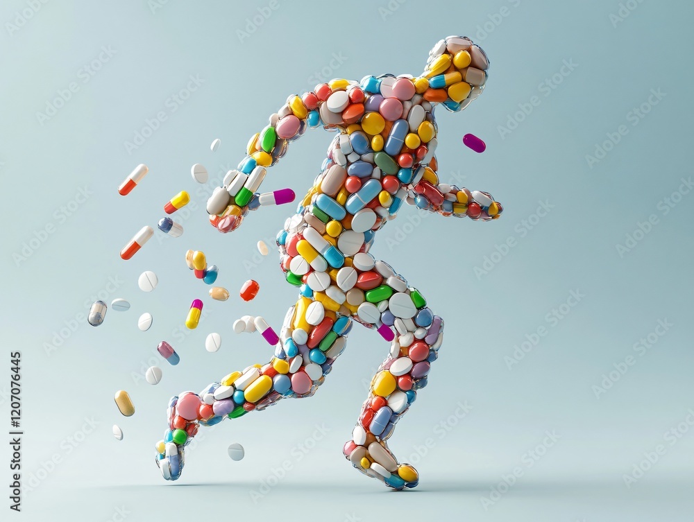 Abstract Running Figure Composed of Colorful Pills and Capsules Medicine Concept Abstract Running Figure Composed of Colorful Pills and Capsules Medicine Concept