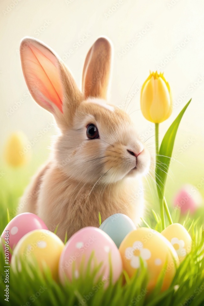 Fototapeta premium Bunny Close up Sniffing a Tulip Surrounded by Colorful Easter Eggs in Vibrant Grass