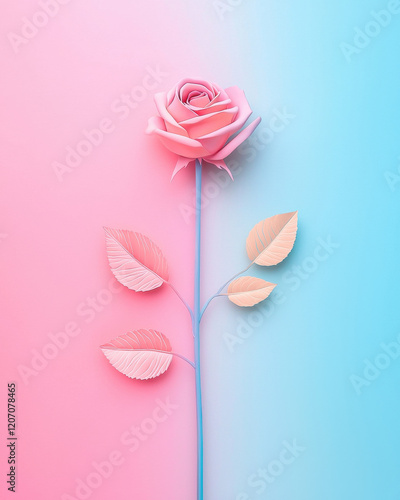 Pink rose with pastel leaves on gradient pink and blue background