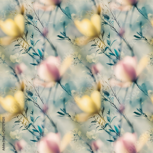 Seamless pattern with jentle delicate minimalistic blurred flowers photo