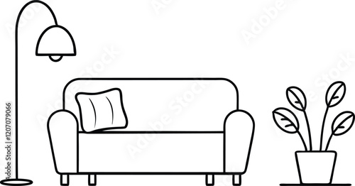 Hand Drawn Living Room Interior With Stylish Furniture Line Art Illustration On Isolated Background