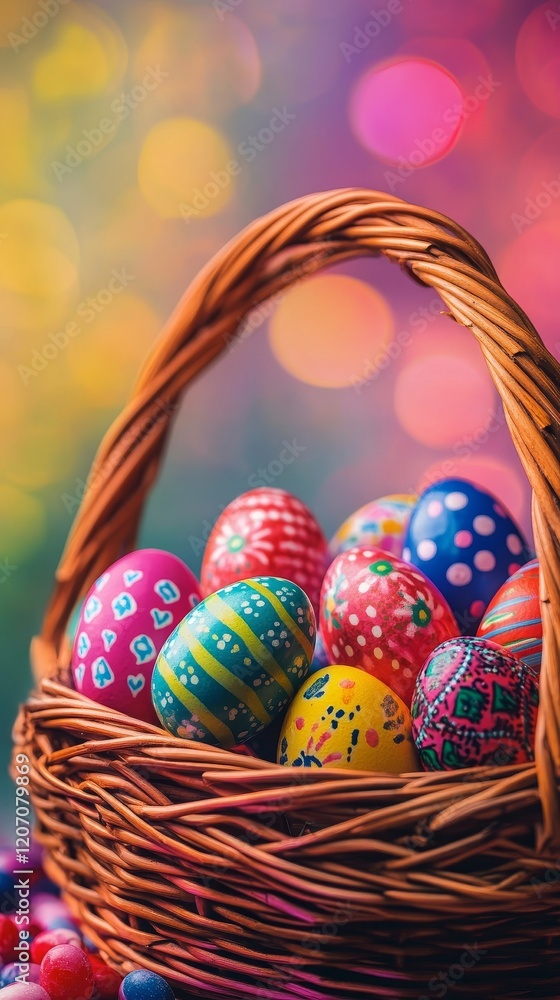 Festive easter basket with colorful eggs and candy. Vertical background Festive easter basket with colorful eggs and candy. Vertical background