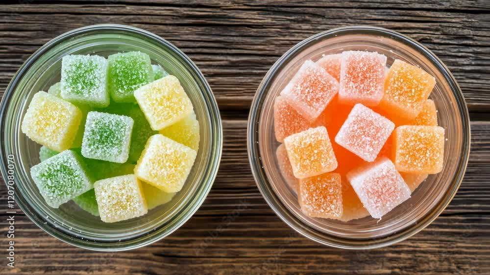 Colorful gummy candies in jars on rustic wooden surface showcase vibrant treats perfect for sharing or enjoying Colorful gummy candies in jars on rustic wooden surface showcase vibrant treats perfect for sharing or enjoying
