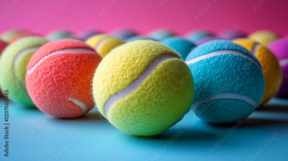 Colorful Tennis Balls Lineup: A Vibrant Close-up Colorful Tennis Balls Lineup: A Vibrant Close-up