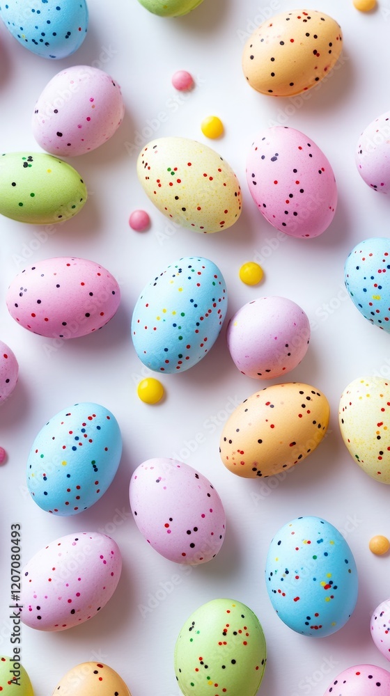 Colorful easter eggs scattered on bright white background. Vertical background Colorful easter eggs scattered on bright white background. Vertical background