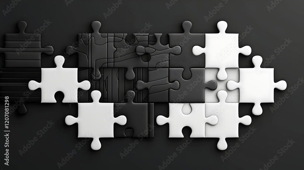 Fototapeta premium Black and white puzzle pieces connecting, teamwork concept, dark background, solution