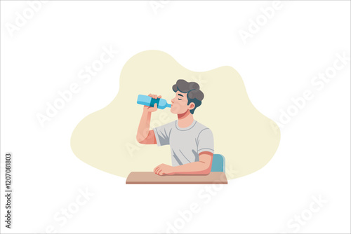 Illustration Healthy young man drinking water from a bottle. Vector illustration.