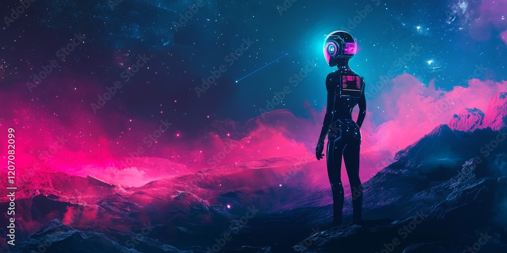 Obraz premium Futuristic Astronaut Amidst Colorful Cosmic Landscape at Night