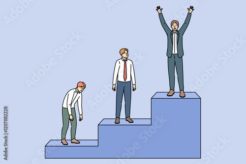 Business man who wins professional competition, standing at top of career ladder. Sad business employee experiencing stress due to falling behind competitors while moving up career ladder