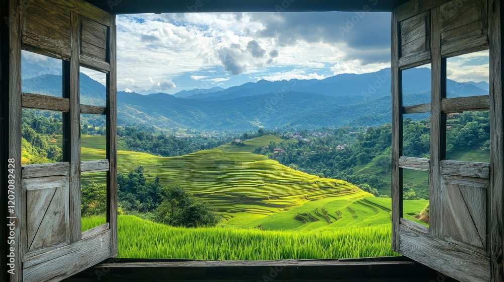 Fototapeta premium Landscape nature view background view from wooden gate