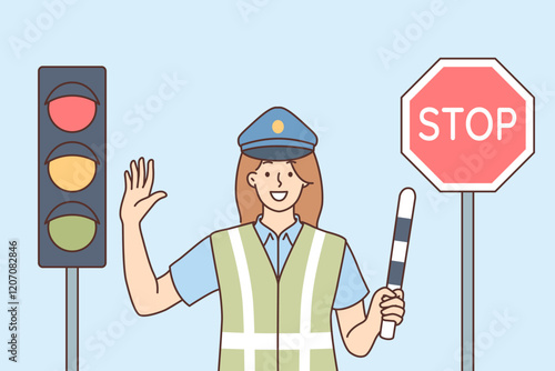 Woman traffic inspector regulates movement of cars, standing near traffic light and stop sign
