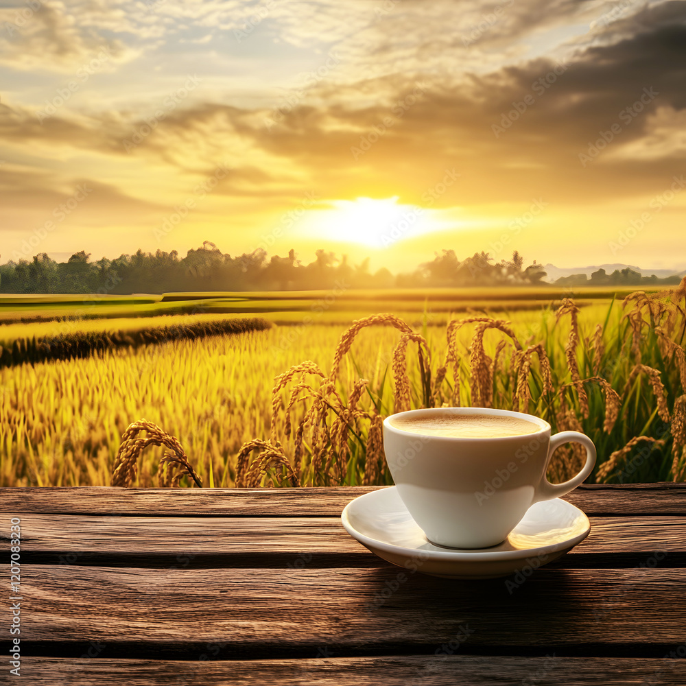 tranquil scene of coffee cup resting on rustic wooden counter with golden rice fields and vibrant sunset sky, capturing the serene beauty rural life and natural charm.