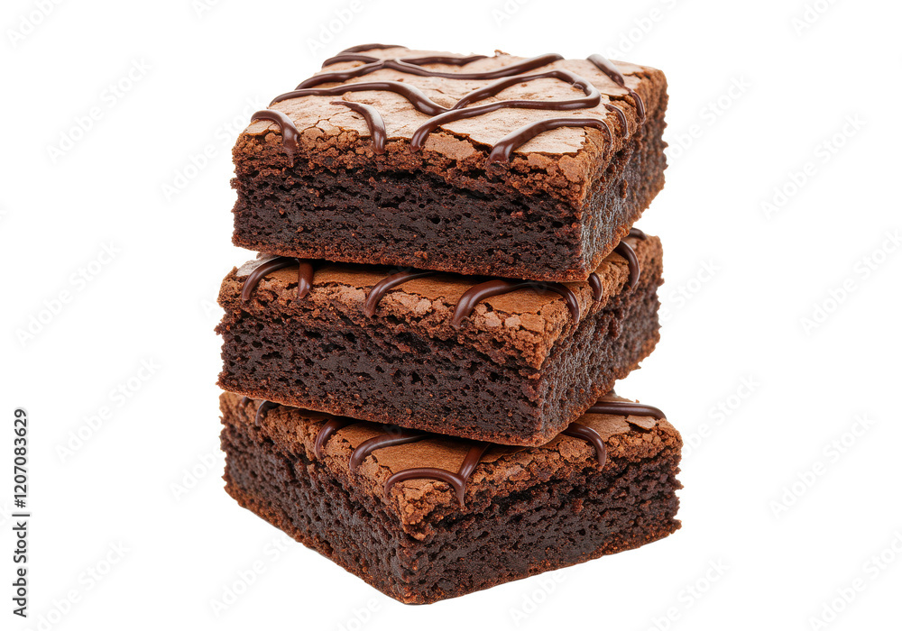 Three stacked fudgy brownies covered in shiny chocolate drizzle, isolated on white background Three stacked fudgy brownies covered in shiny chocolate drizzle, isolated on white background