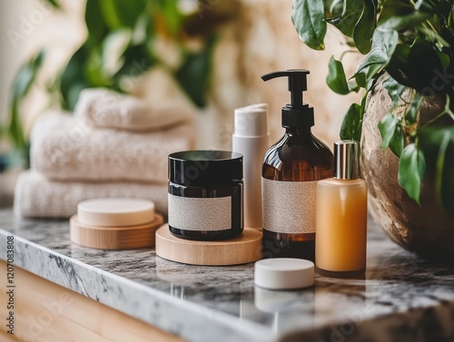 A collection of winter skincare products like moisturizers and serums displayed on a marble countertop focus on, nourishing skincare, ethereal, fusion, luxury bathroom backdrop