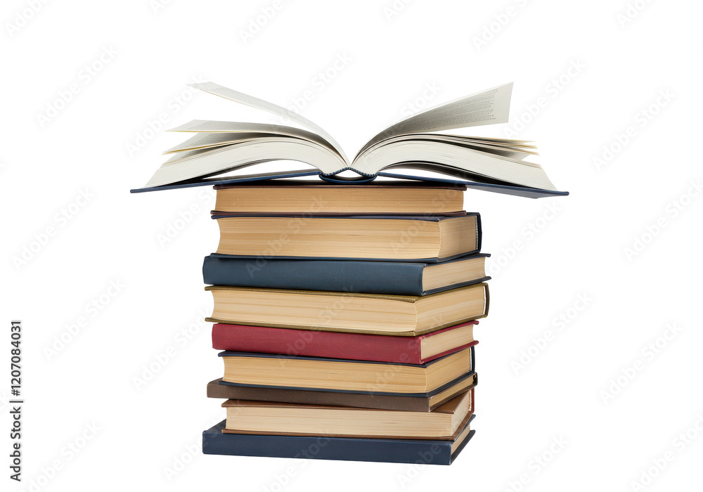 Stack of books with one open on top, isolated on white background Stack of books with one open on top, isolated on white background