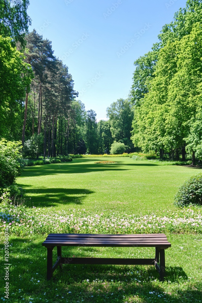 Fototapeta premium Serene Park Bench Summer Day Lush Green Grass Tranquil Nature Scene Peaceful Garden Escape