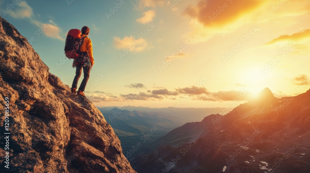A man is standing on a mountain top with a backpack on A man is standing on a mountain top with a backpack on