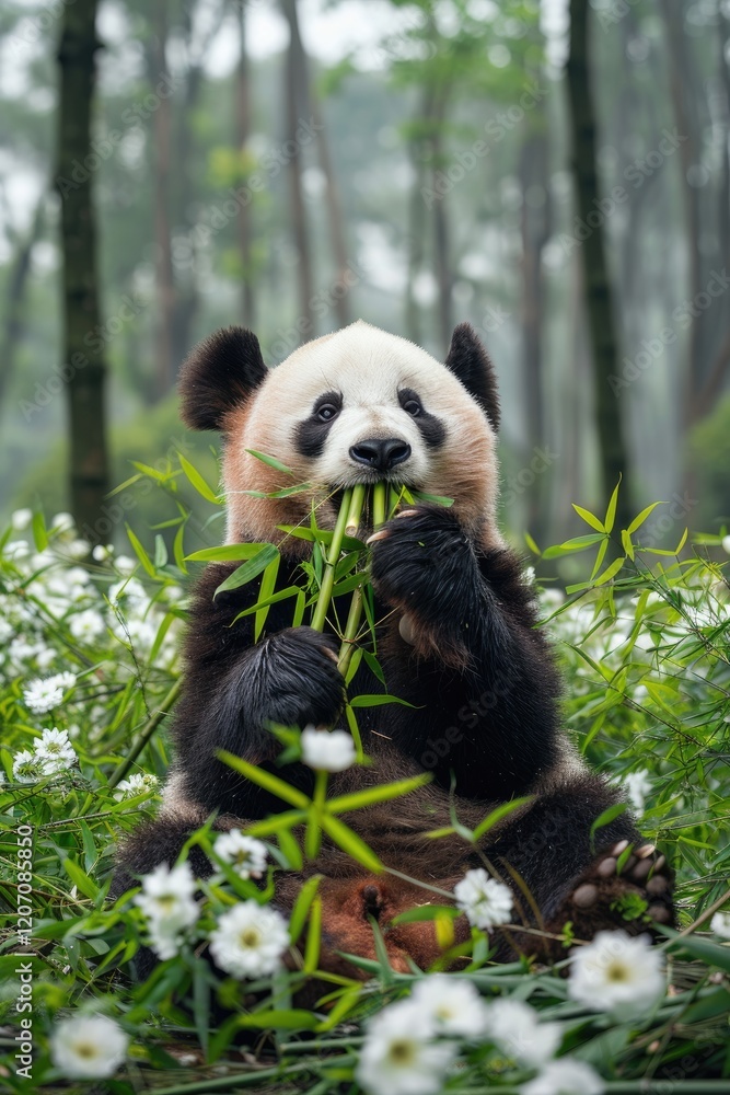 Fototapeta premium Cute panda animal background with view of the wild forest and tree Generate AI