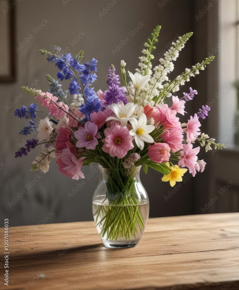 custom made wallpaper toronto digitalA stunning arrangement of spring flowers in a vase on a wooden table, spring floral centerpiece, natural colors, wooden table