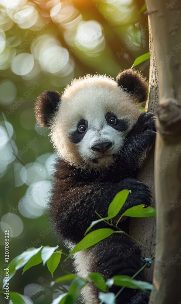 Fototapeta premium Cute panda animal background with view of the wild forest and tree Generate AI