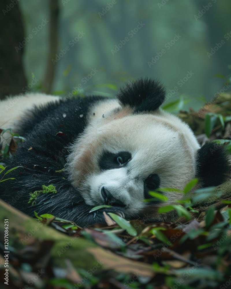 Obraz premium Cute panda animal background with view of the wild forest and tree Generate AI