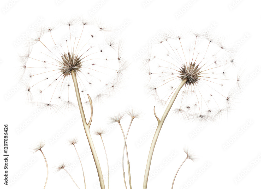 Obraz premium PNG Botanical illustration dandelion flower plant white.