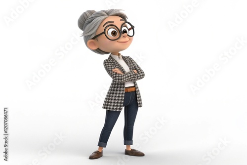 3D cartoon character, young woman on white background.