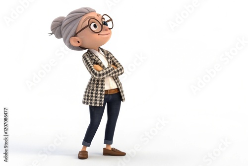 3D cartoon character, young woman on white background.