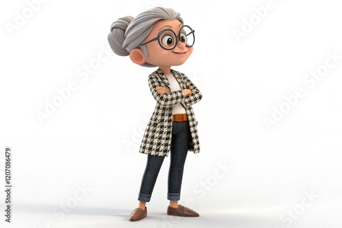 3D cartoon character, young woman on white background.