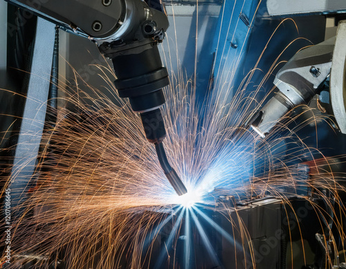 Robotic welding process creates sparks in industrial manufacturing setting photo