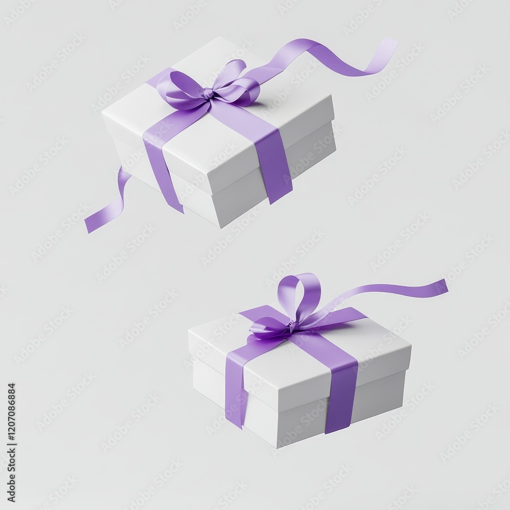 Two levitating white gift boxes with lavender ribbons. Two levitating white gift boxes with lavender ribbons.