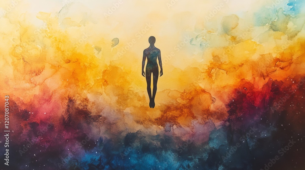 A painting of a man in the air with a colorful background