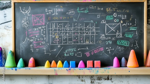 A chalkboard with math equations, diagrams, and colorful chalk pieces placed on the ledge photo